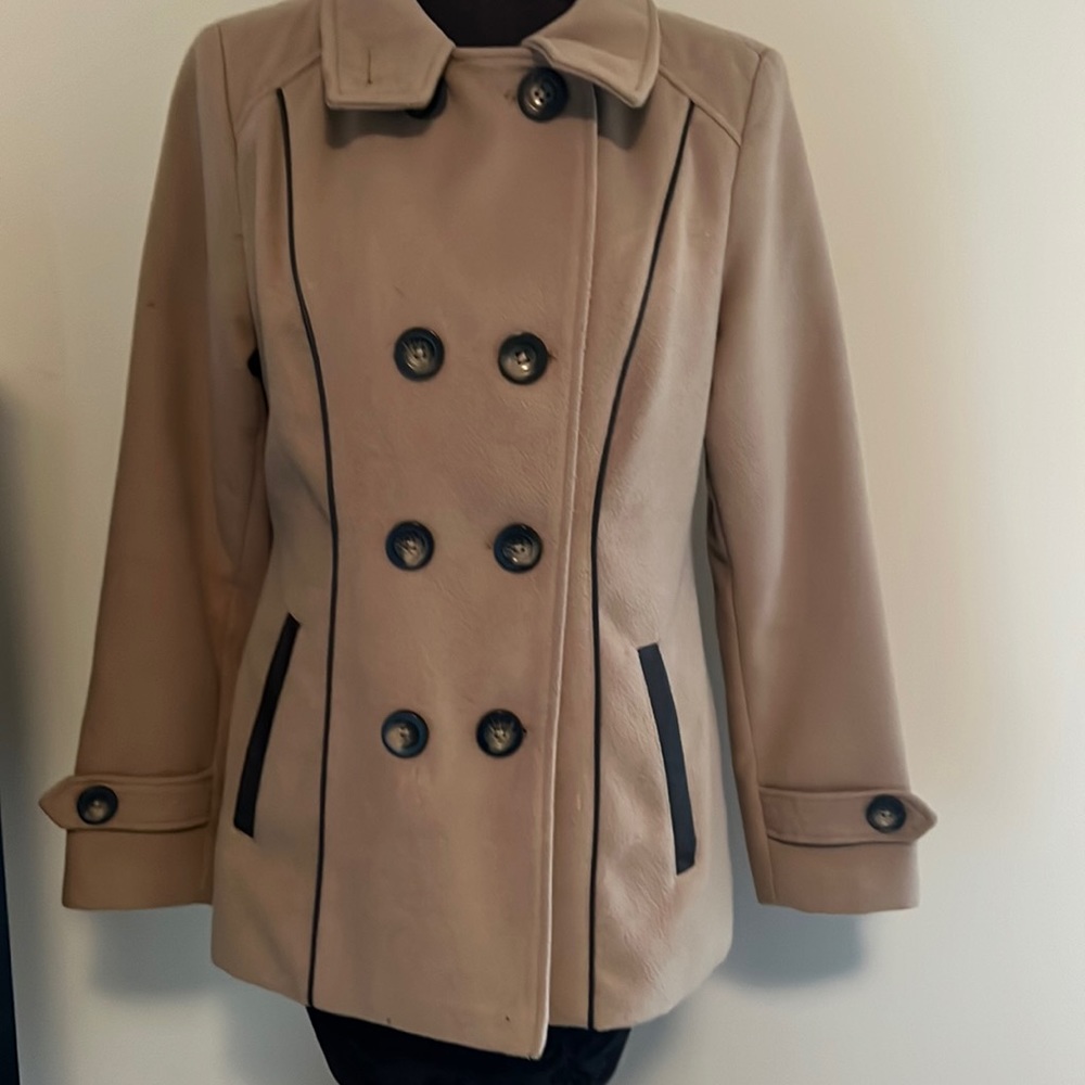 Very gently used taupe coat with leather trim
